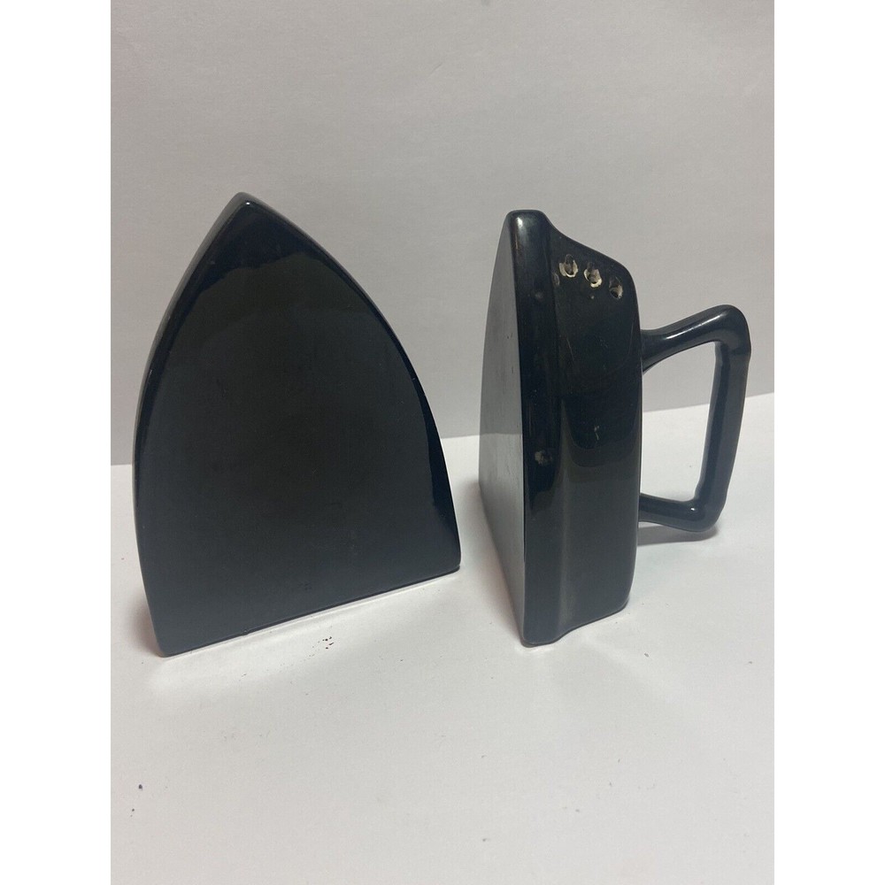 Vintage 70s Black Porcelain Antique Irons Salt & Pepper Shakers Artist Signed